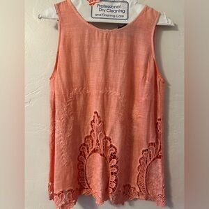 Cynthia Rowley Hand Dyed Peach Linen and Lace Summer Tank